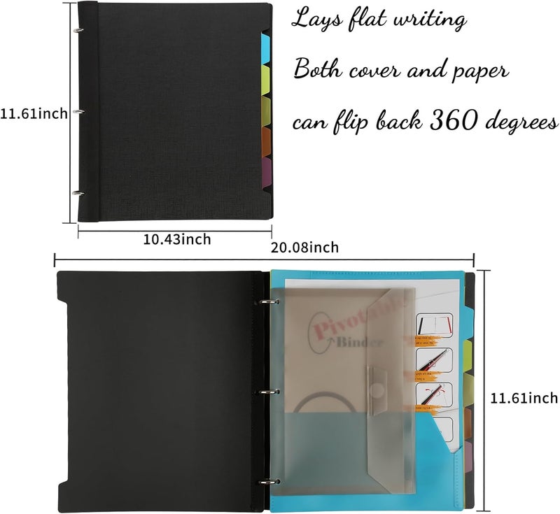 Tashkummy Pivotable Refillable Notebook, 3 Ring Binder Notebooks 1 Inch, Notebook with Dividers and Pockets, Folder Notebook, Flexible Binder, Soft Binders 3 Ring, Foldable Binder- Black - Image 2